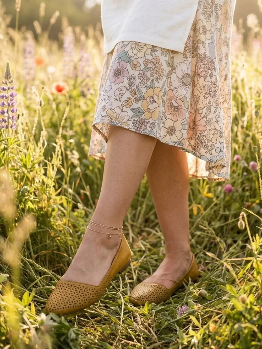Womens Flats Mustard Yellow Floral Perforated Cottagecore Boho Fairy Size 7.5
